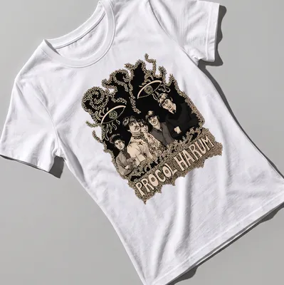 Vintage illustration of Procol Harum band members with expressive eyes — printed on a women's shirt