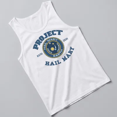 Vintage style t-shirt with a space mission emblem in navy, gold, and white. — printed on a tank top