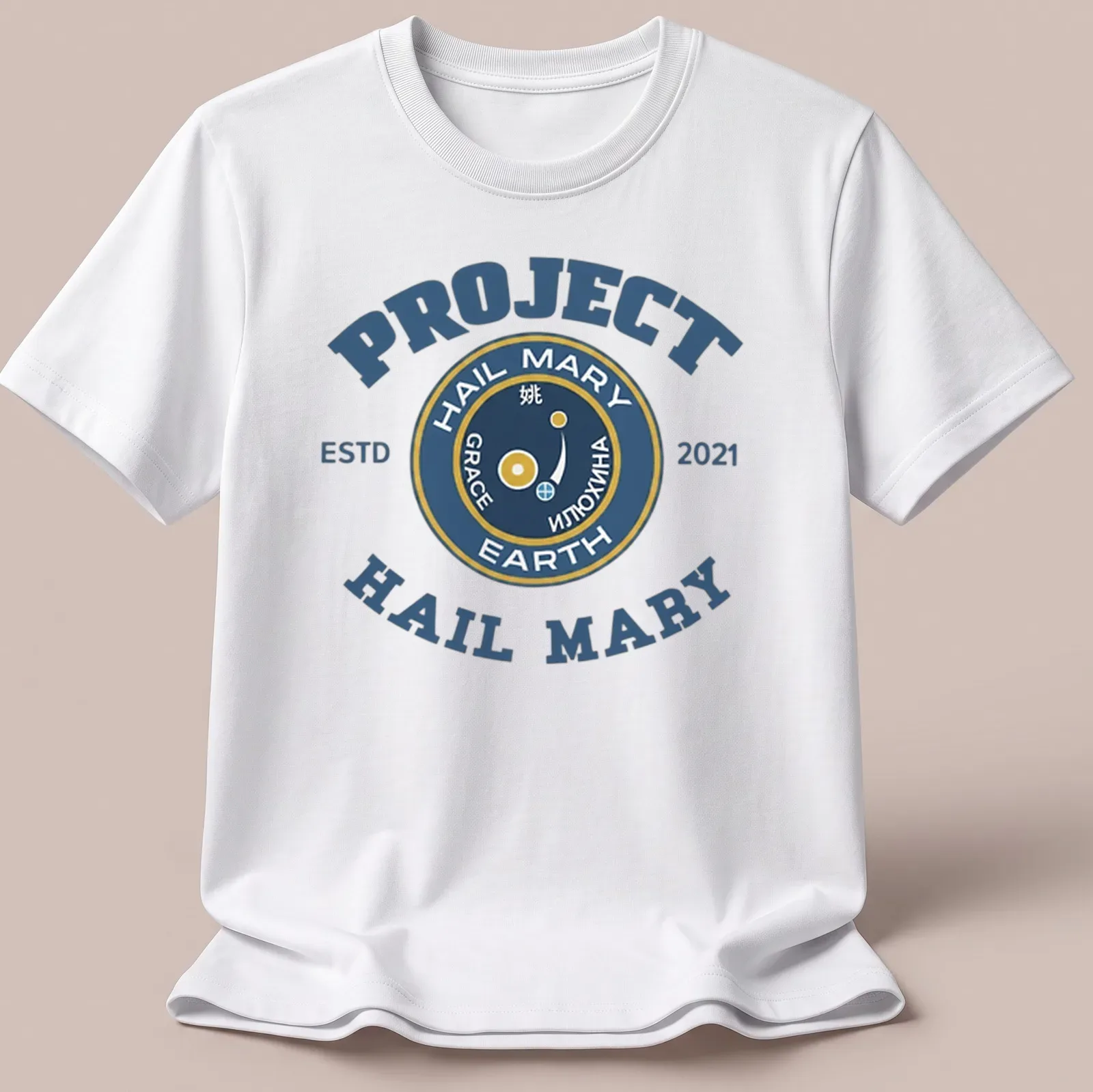 Vintage style t-shirt with a space mission emblem in navy, gold, and white. — printed on a unisex t-shirt