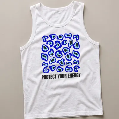 Motivational t-shirt featuring abstract blobs and the phrase Protect Your Energy — printed on a tank top