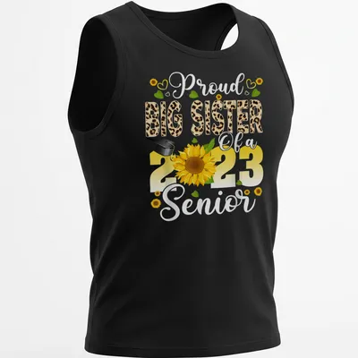 Colorful design featuring a proud big sister message with sunflower and graduation cap — printed on a tank top