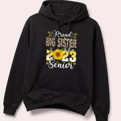 Colorful design featuring a proud big sister message with sunflower and graduation cap — printed on a unisex hoodie