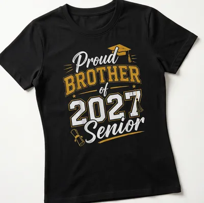 Bold collegiate Proud Brother graduation t-shirt with cap and diploma graphic — printed on a women's shirt