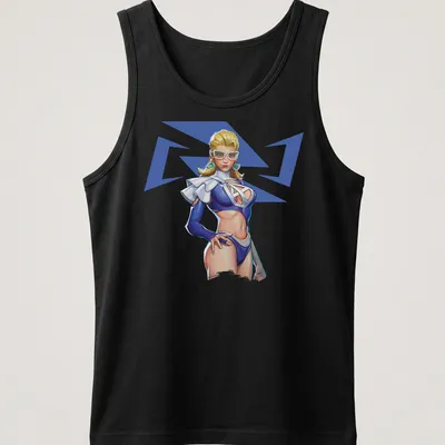 Digital illustration of a female character in blue and white representing psychic power — printed on a tank top