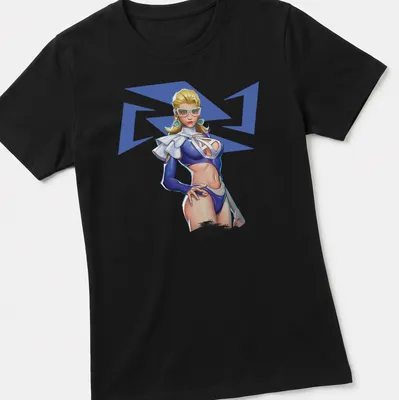 Digital illustration of a female character in blue and white representing psychic power — printed on a women's shirt