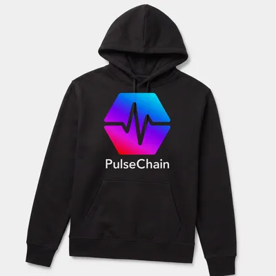 Modern gradient design featuring the PulseChain logo in blue, cyan, magenta, red, and white — printed on a unisex hoodie