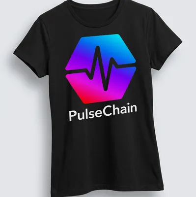 Modern gradient design featuring the PulseChain logo in blue, cyan, magenta, red, and white — printed on a women's shirt