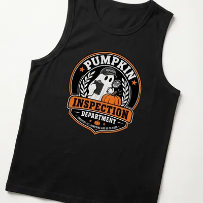 Vintage badge style Pumpkin Inspection T-shirt featuring a ghost with a magnifying glass inspecting a pumpkin. — printed on a tank top
