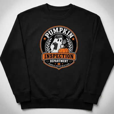 Vintage badge style Pumpkin Inspection T-shirt featuring a ghost with a magnifying glass inspecting a pumpkin. — printed on a unisex sweatshirt