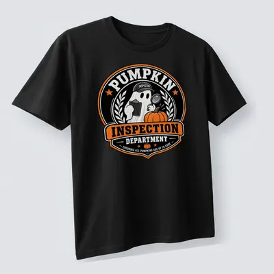 Vintage badge style Pumpkin Inspection T-shirt featuring a ghost with a magnifying glass inspecting a pumpkin. — printed on a unisex t-shirt (angled view)