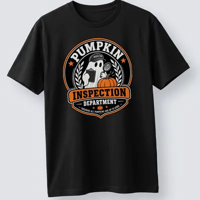 Vintage badge style Pumpkin Inspection T-shirt featuring a ghost with a magnifying glass inspecting a pumpkin.