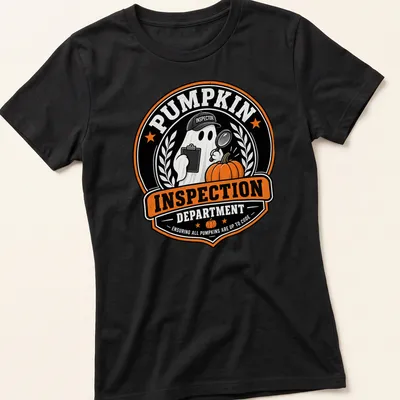 Vintage badge style Pumpkin Inspection T-shirt featuring a ghost with a magnifying glass inspecting a pumpkin. — printed on a women's shirt