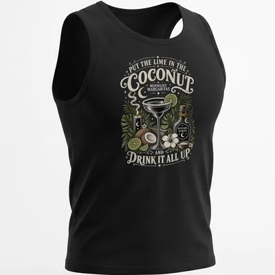 Vintage illustration of a cocktail glass with lime and coconut and humorous text — printed on a tank top