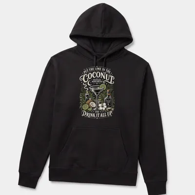 Vintage illustration of a cocktail glass with lime and coconut and humorous text — printed on a unisex hoodie