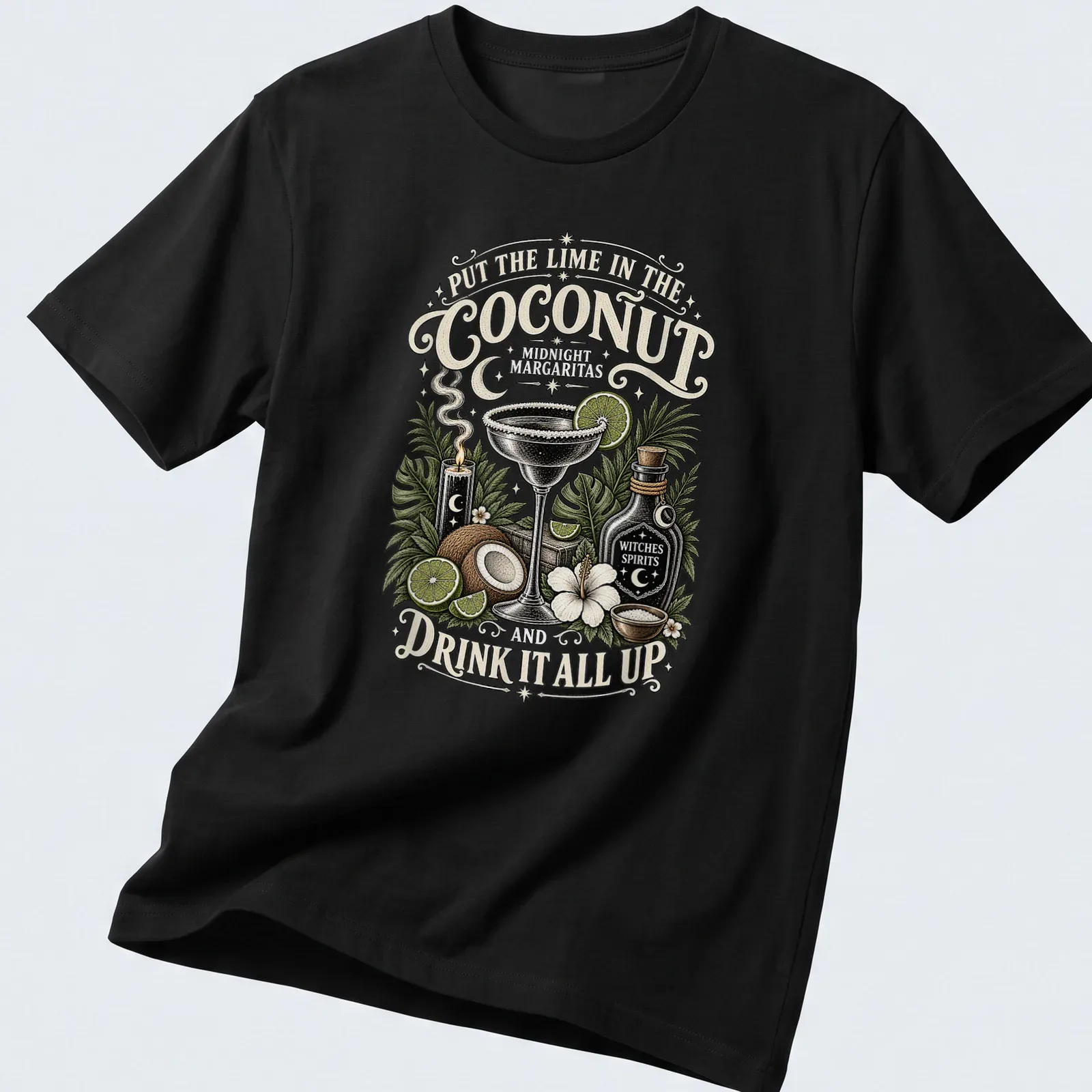Vintage illustration of a cocktail glass with lime and coconut and humorous text — printed on a unisex t-shirt