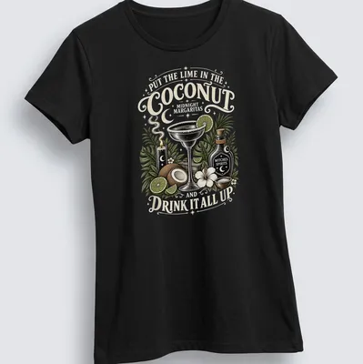 Vintage illustration of a cocktail glass with lime and coconut and humorous text — printed on a women's shirt