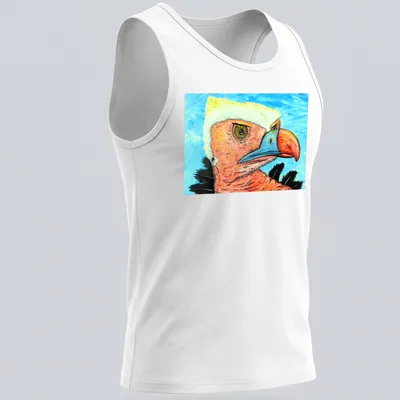 Realistic portrait of a quizzical vulture against a blue sky background — printed on a tank top