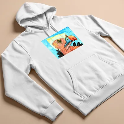 Realistic portrait of a quizzical vulture against a blue sky background — printed on a unisex hoodie