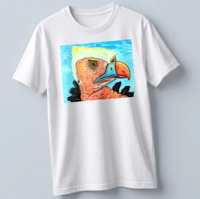 Realistic portrait of a quizzical vulture against a blue sky background