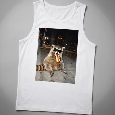Realistic raccoon eating hot dogs in gray, black, and red tones — printed on a tank top