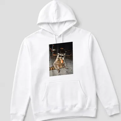 Realistic raccoon eating hot dogs in gray, black, and red tones — printed on a unisex hoodie