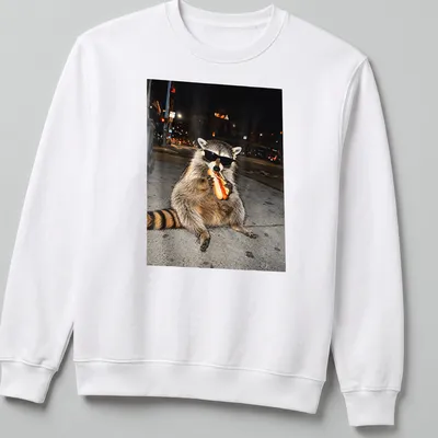 Realistic raccoon eating hot dogs in gray, black, and red tones — printed on a unisex sweatshirt