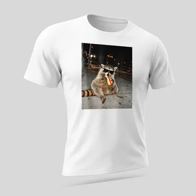 Realistic raccoon eating hot dogs in gray, black, and red tones — printed on a unisex t-shirt (angled view)
