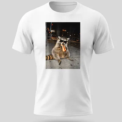 Realistic raccoon eating hot dogs in gray, black, and red tones