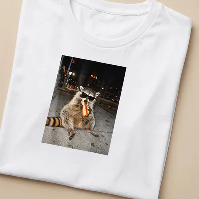 Realistic raccoon eating hot dogs in gray, black, and red tones — printed on a women's shirt