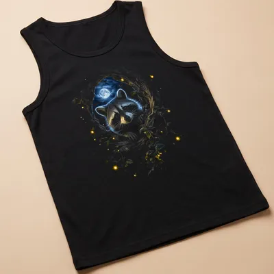 Illustration of a raccoon in a moonlit forest surrounded by flowers — printed on a tank top