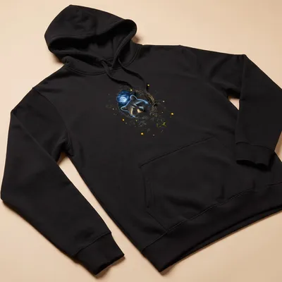 Illustration of a raccoon in a moonlit forest surrounded by flowers — printed on a unisex hoodie