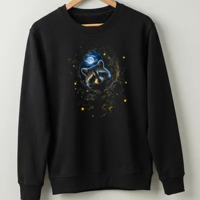 Illustration of a raccoon in a moonlit forest surrounded by flowers — printed on a unisex sweatshirt