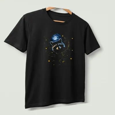 Illustration of a raccoon in a moonlit forest surrounded by flowers — printed on a unisex t-shirt (angled view)