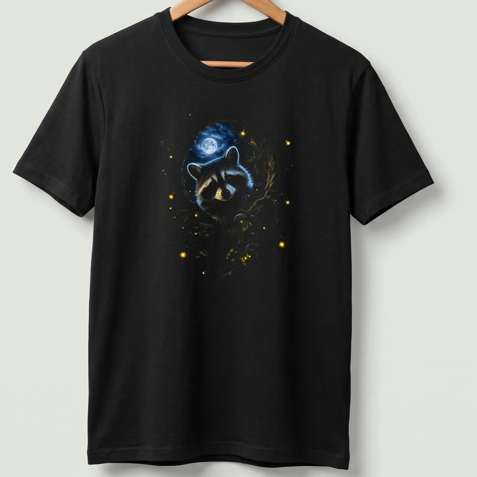Illustration of a raccoon in a moonlit forest surrounded by flowers — printed on a unisex t-shirt