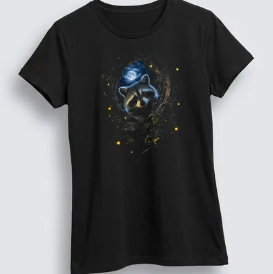 Illustration of a raccoon in a moonlit forest surrounded by flowers — printed on a women's shirt