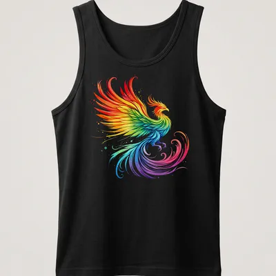 Illustration of a rainbow phoenix with vibrant feathers in fantasy art style. — printed on a tank top