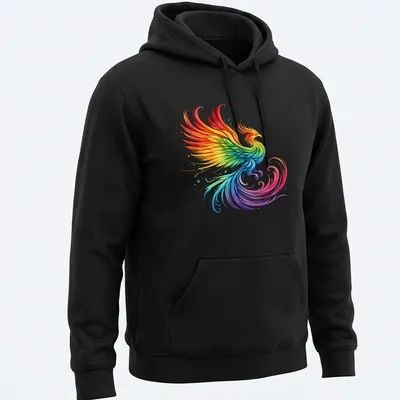 Illustration of a rainbow phoenix with vibrant feathers in fantasy art style. — printed on a unisex hoodie