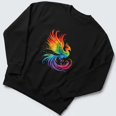 Illustration of a rainbow phoenix with vibrant feathers in fantasy art style. — printed on a unisex sweatshirt