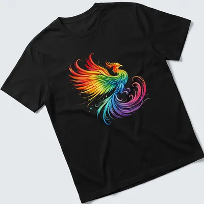 Illustration of a rainbow phoenix with vibrant feathers in fantasy art style.