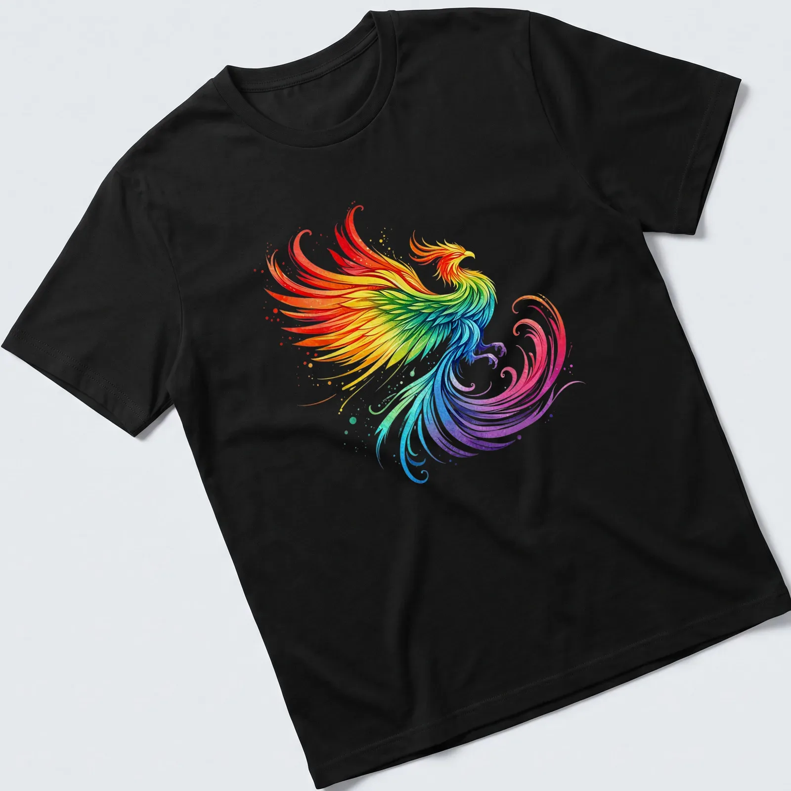 Illustration of a rainbow phoenix with vibrant feathers in fantasy art style. — printed on a unisex t-shirt