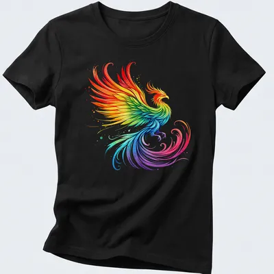 Illustration of a rainbow phoenix with vibrant feathers in fantasy art style. — printed on a women's shirt