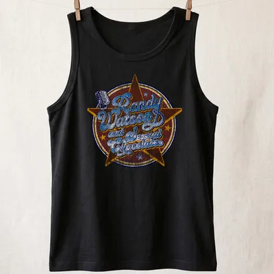 Retro design featuring a vintage microphone and star emblem with colorful lettering — printed on a tank top