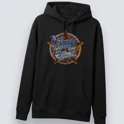 Retro design featuring a vintage microphone and star emblem with colorful lettering — printed on a unisex hoodie
