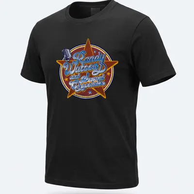 Retro design featuring a vintage microphone and star emblem with colorful lettering