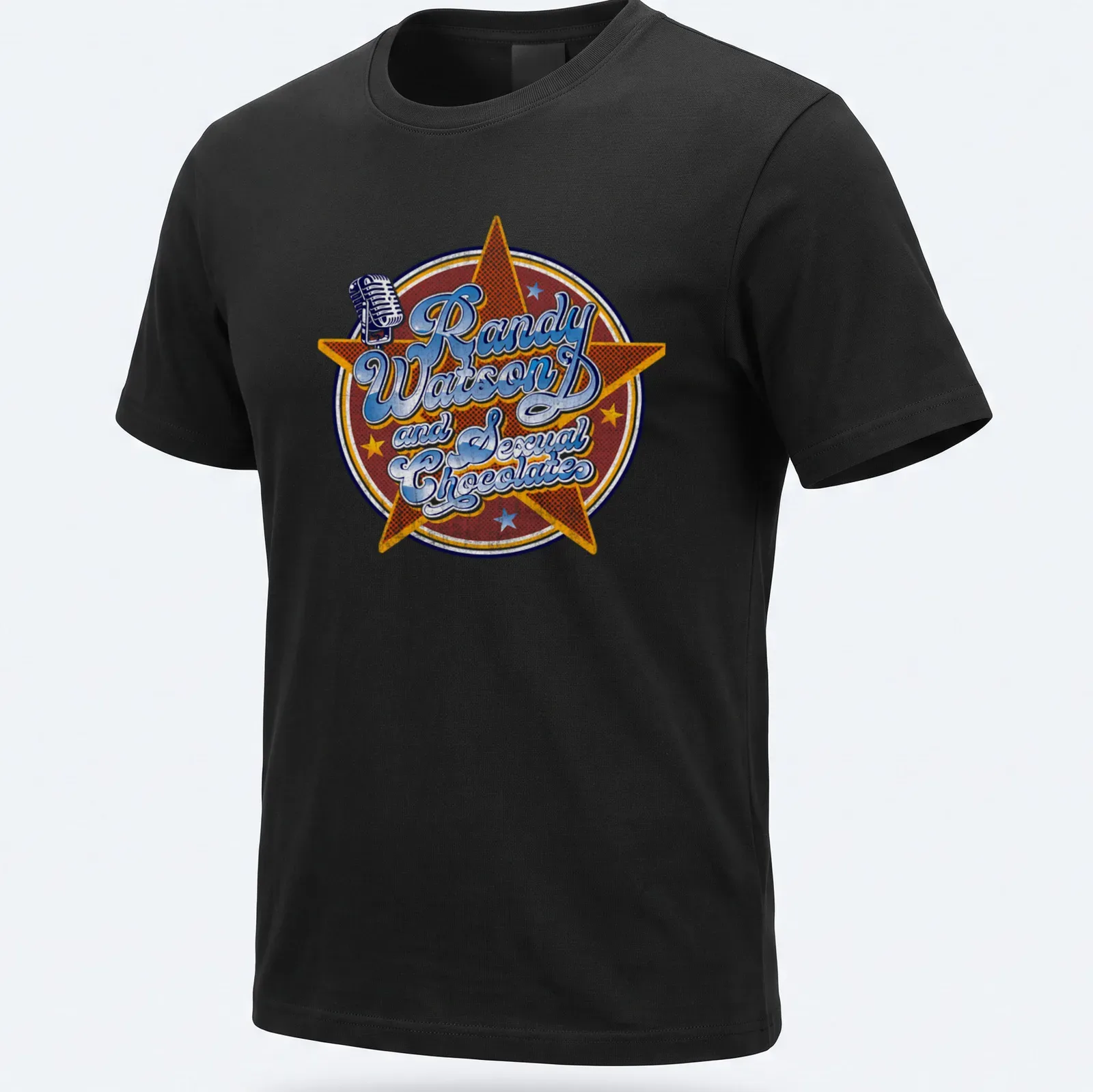 Retro design featuring a vintage microphone and star emblem with colorful lettering — printed on a unisex t-shirt