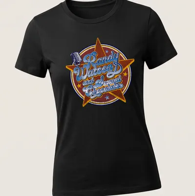 Retro design featuring a vintage microphone and star emblem with colorful lettering — printed on a women's shirt