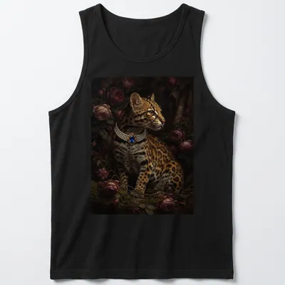 Realistic portrait of an ocelot adorned with a blue sapphire brooch — printed on a tank top