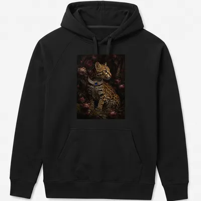 Realistic portrait of an ocelot adorned with a blue sapphire brooch — printed on a unisex hoodie
