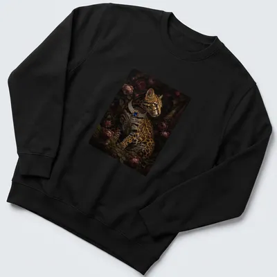 Realistic portrait of an ocelot adorned with a blue sapphire brooch — printed on a unisex sweatshirt