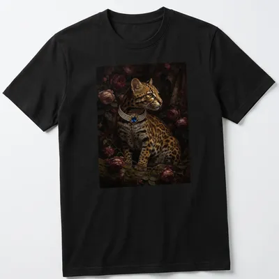 Realistic portrait of an ocelot adorned with a blue sapphire brooch